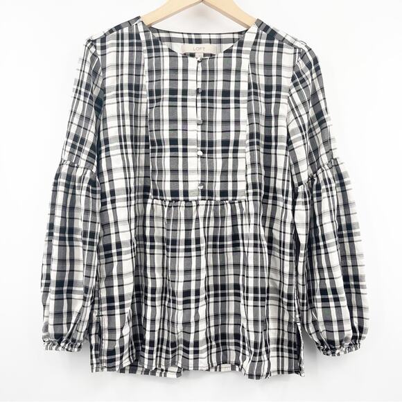 LOFT Tops - LOFT ANN TAYLOR Top Peplum Plaid Blouson Henley B&W Business Casual Size Small